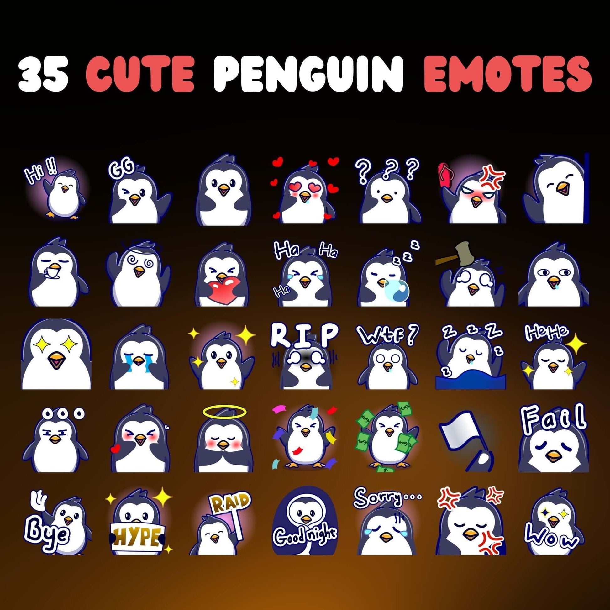 Cute Penguin Emotes Pack - Static Emotes - Stream K-Arts