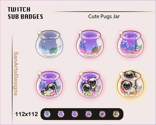 Cute Pugs in Celestial Jar Twitch Sub Badges - Badges - Stream K-Arts