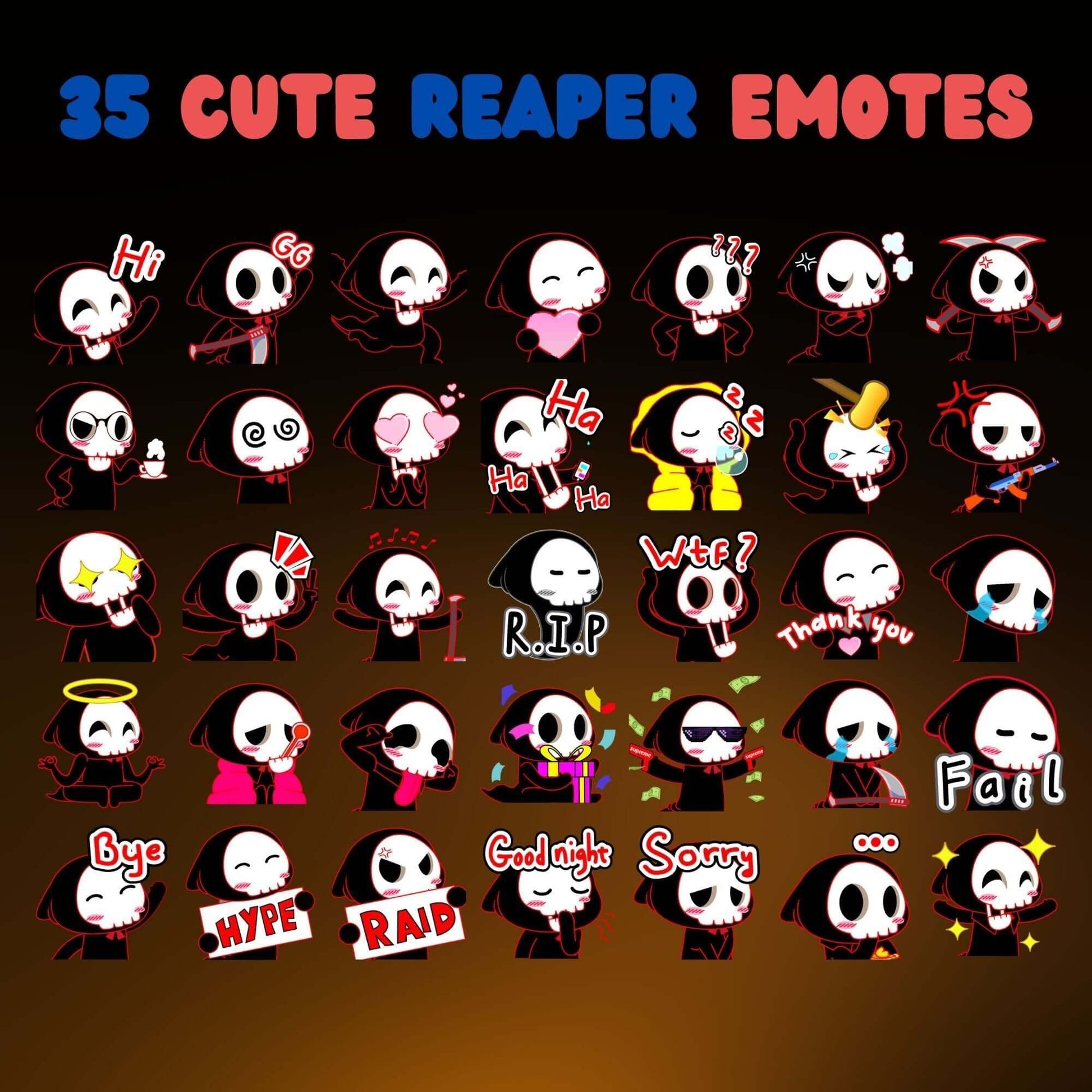 Cute Reaper Emotes Pack - Static Emotes - Stream K-Arts