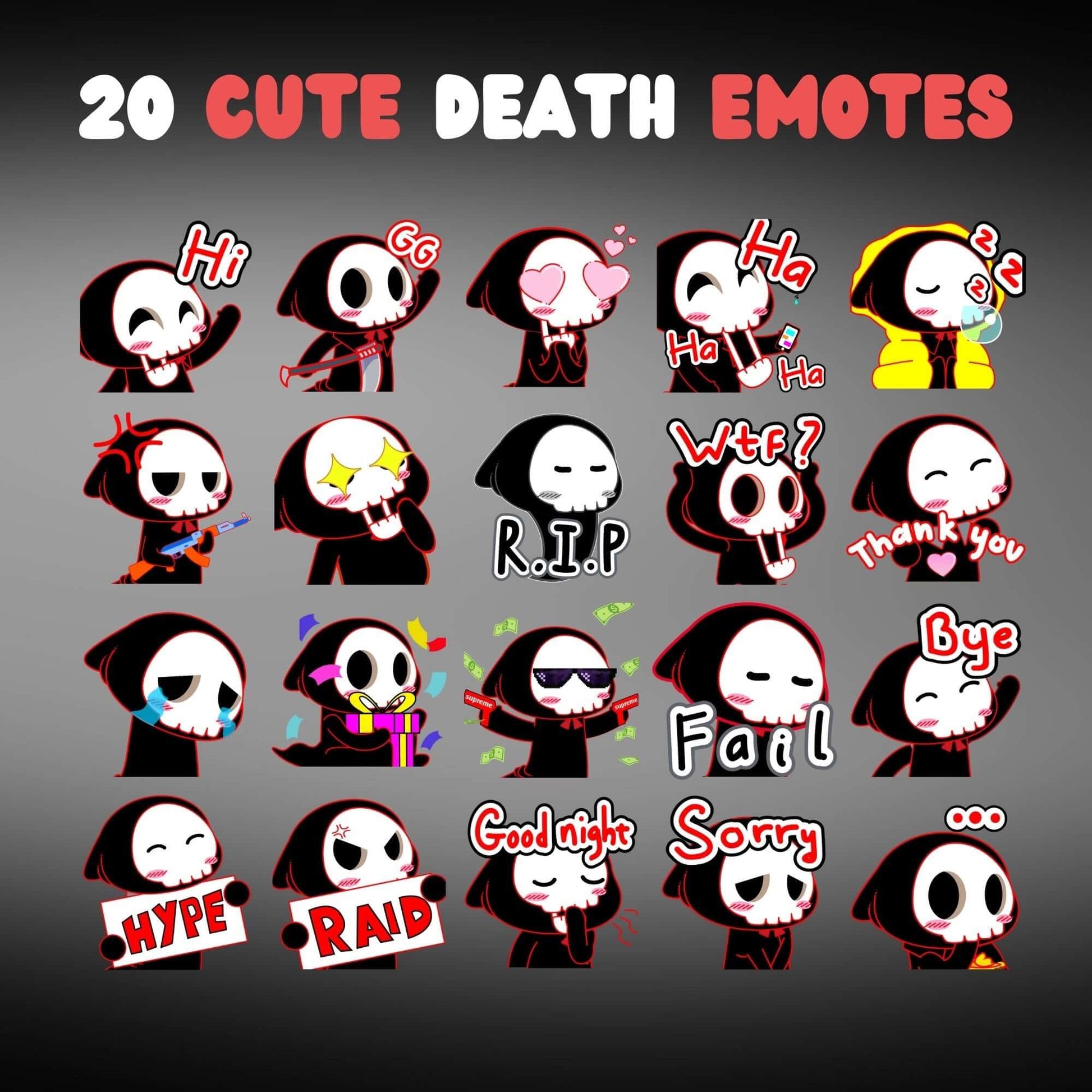 Cute Reaper Emotes Pack - Static Emotes - Stream K-Arts