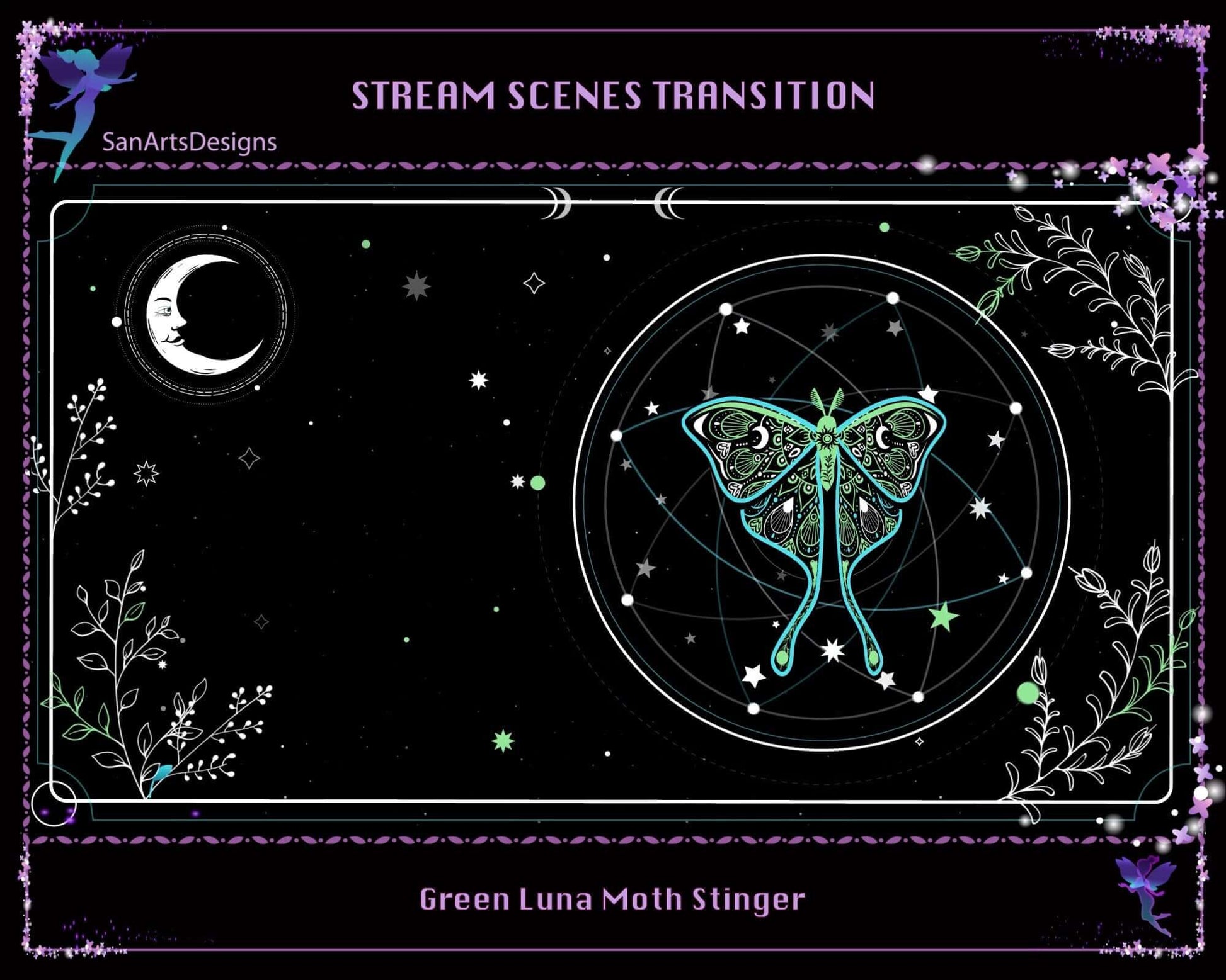 Green Celestial Luna Moth Twitch Stream Scenes Transition - Transition - Stream K-Arts
