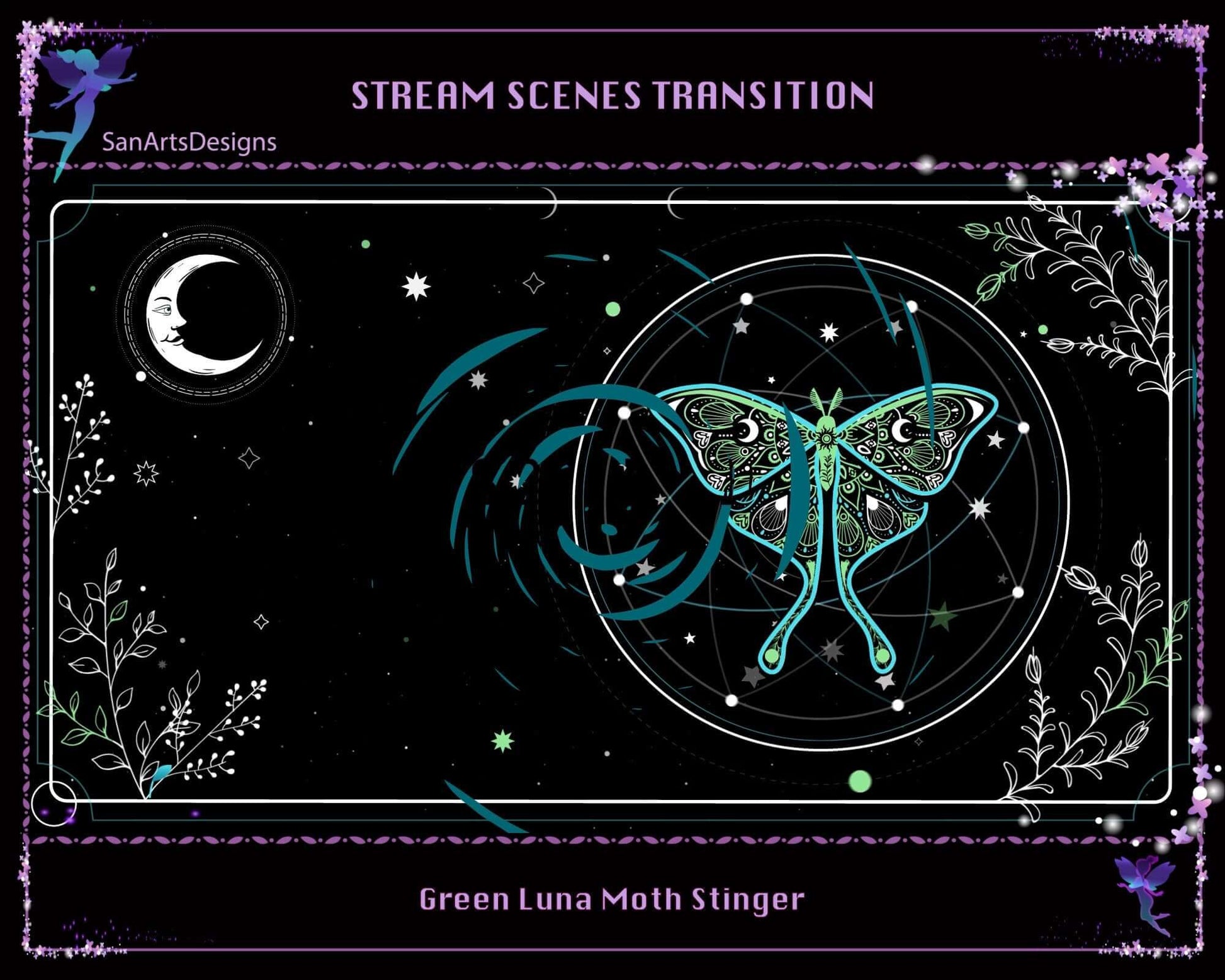 Green Celestial Luna Moth Twitch Stream Scenes Transition - Transition - Stream K-Arts