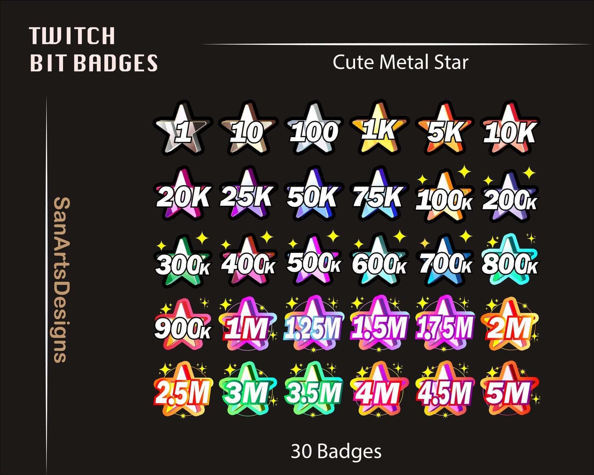 Metal Stars Twitch Bit Badges - BitBadges - Stream K-Arts