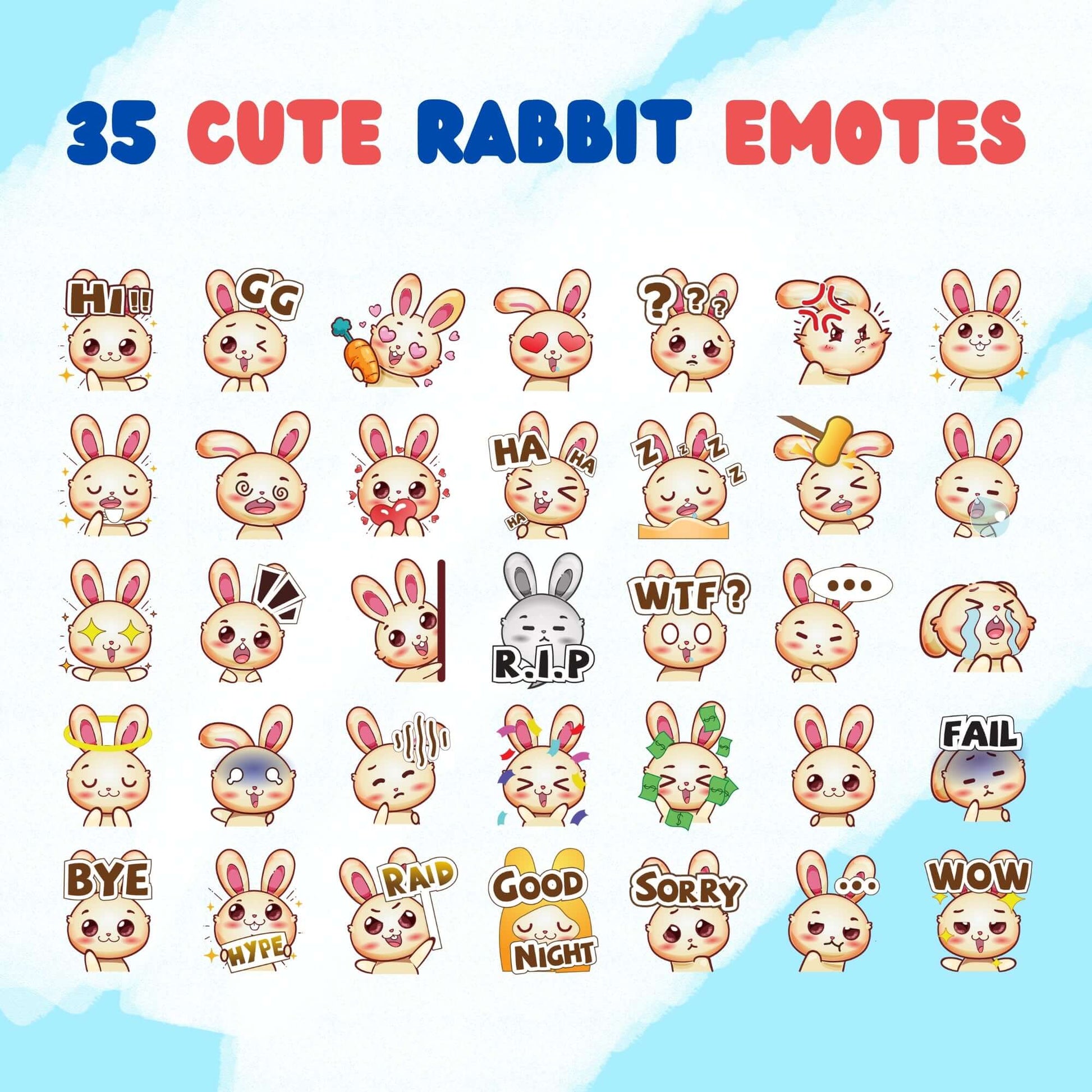 35 Cute Rabbit Emotes Pack - Static Emotes - Stream K-Arts