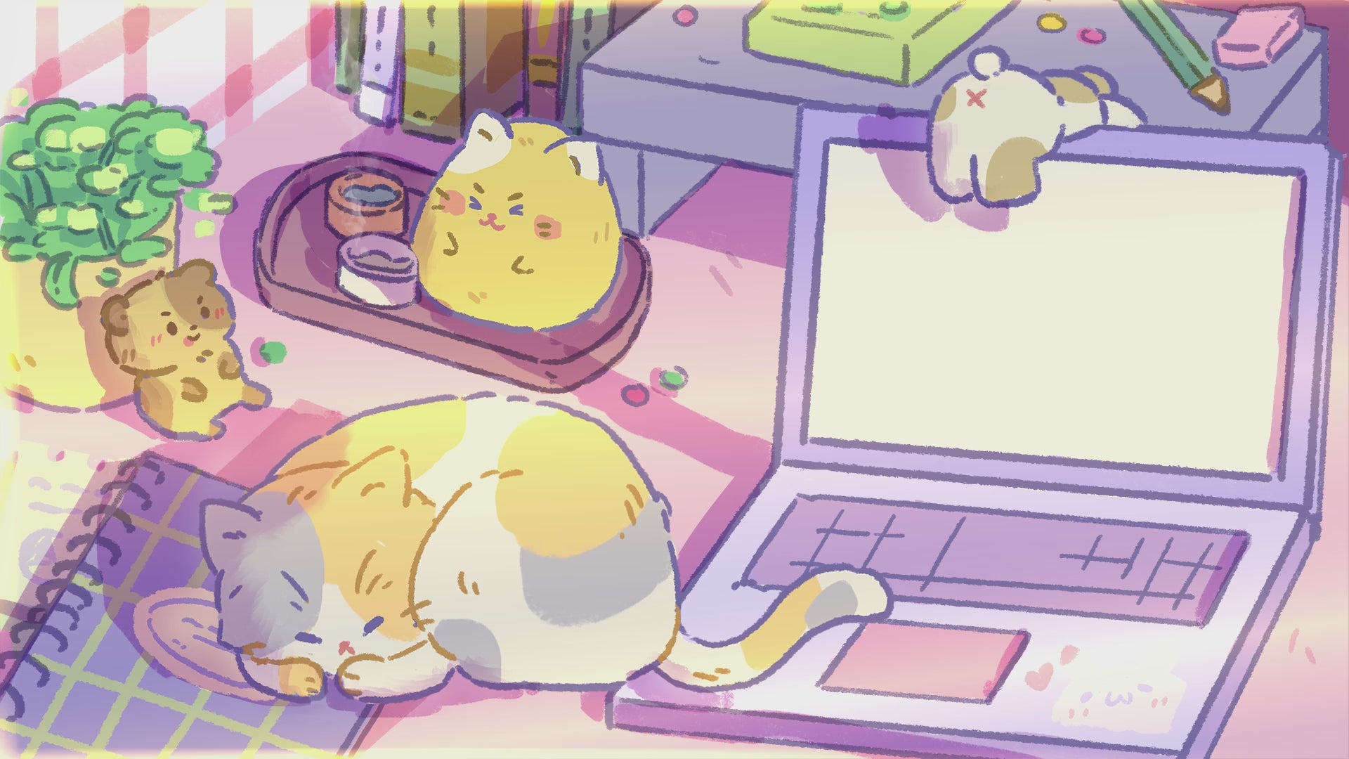 Animated Stream Screen Overlays Lofi Sleeping Cat on PC Desk