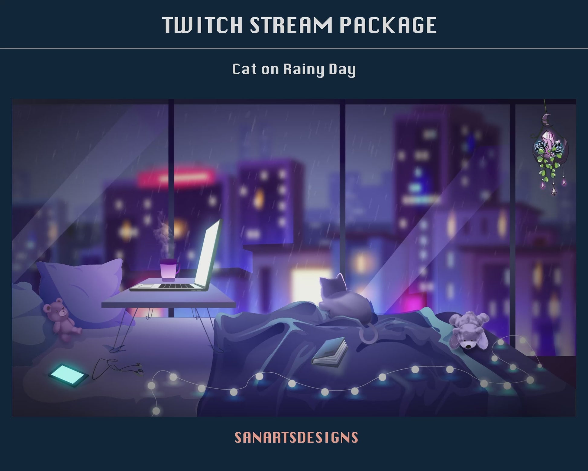 Animated Twitch Overlays Package Cat on Rainy Day