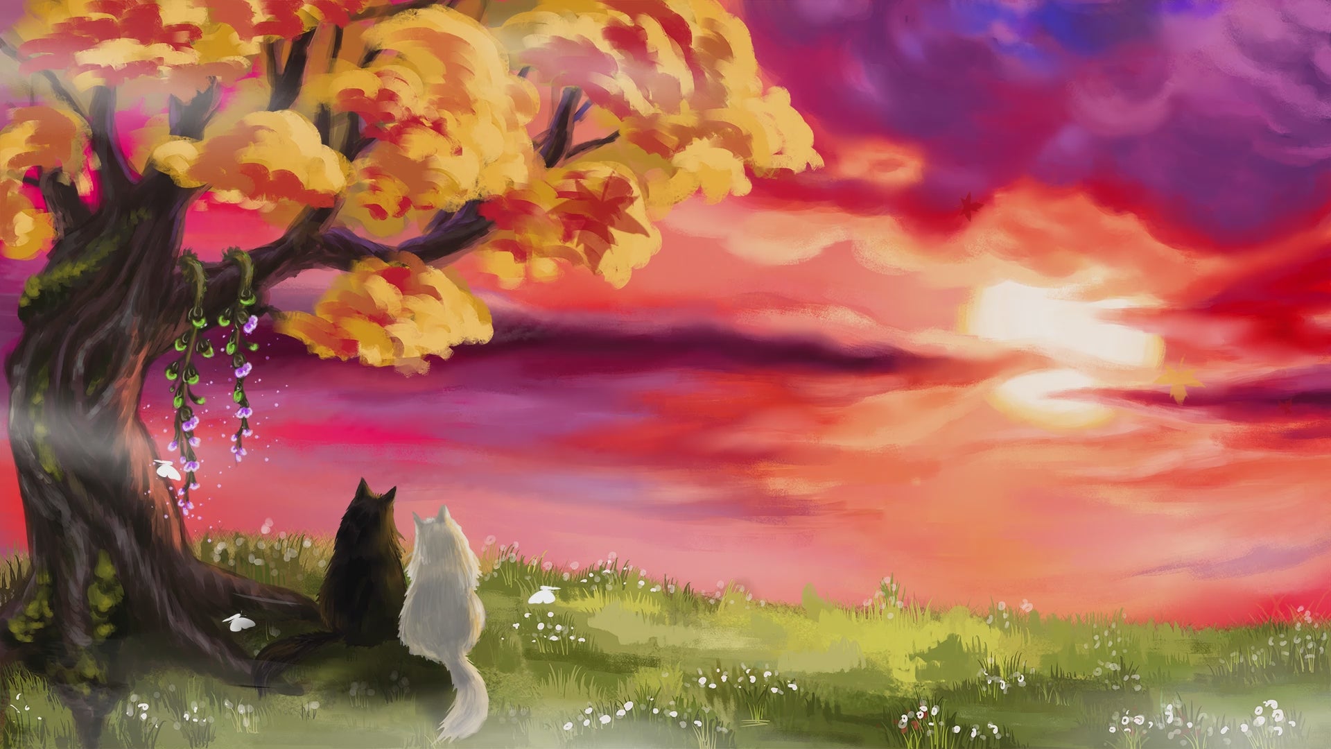 Animated Scenes Cats in Fall Sunset