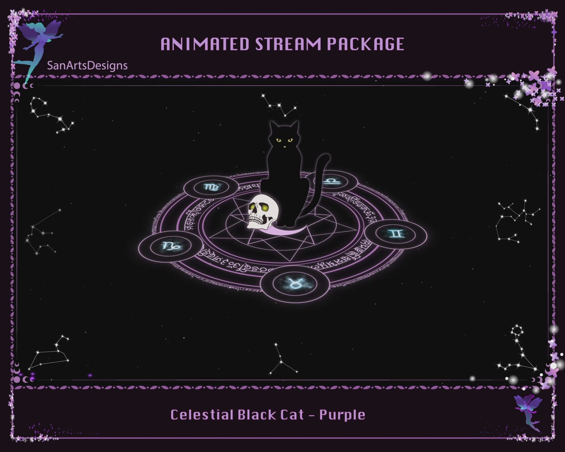 Animated Twitch Stream Overlays Package Celestial Witchy Black Cat