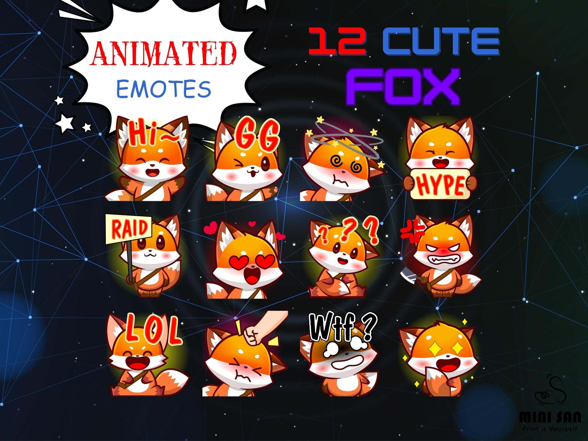 12 Animated Fox Emotes - Animated Emotes - Stream K-Arts