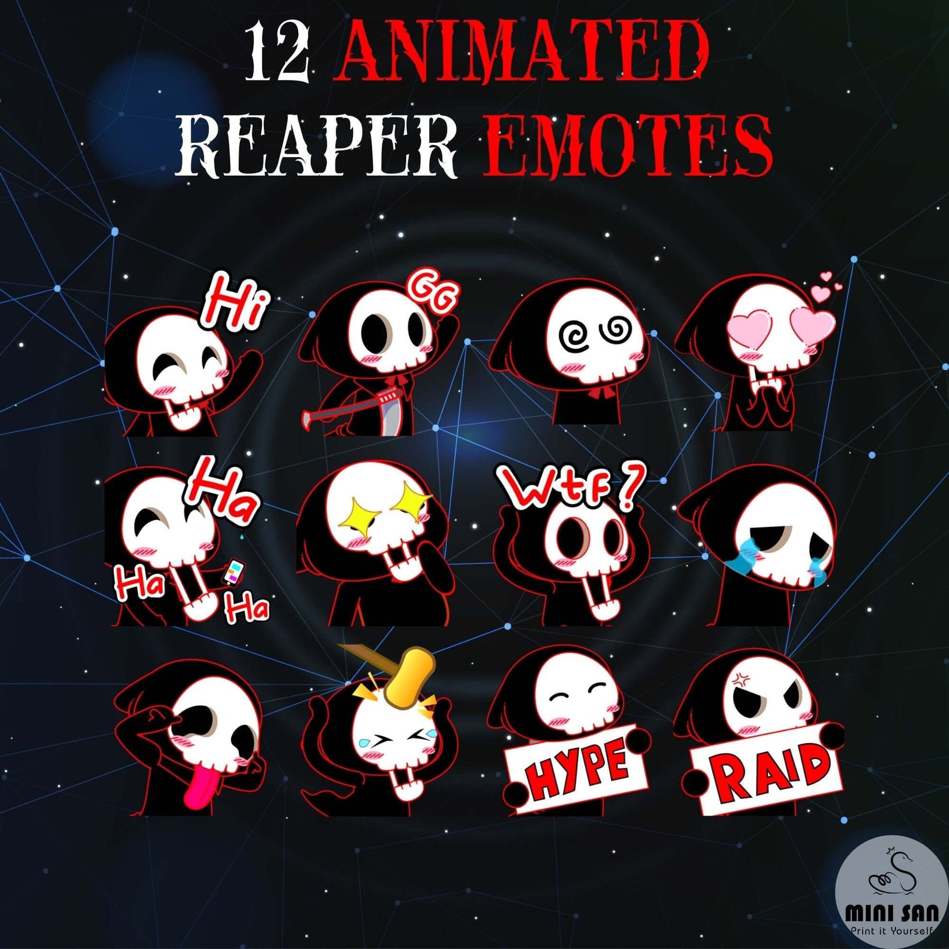 12 Animated Funny Reaper Emotes Pack - Animated Emotes - Stream K-Arts