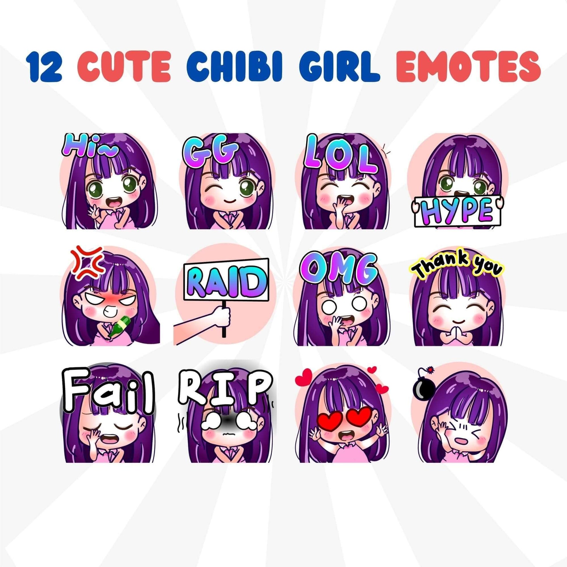 12 Cute Chibi Girl Emotes Pack - Static Emotes - Stream K-Arts