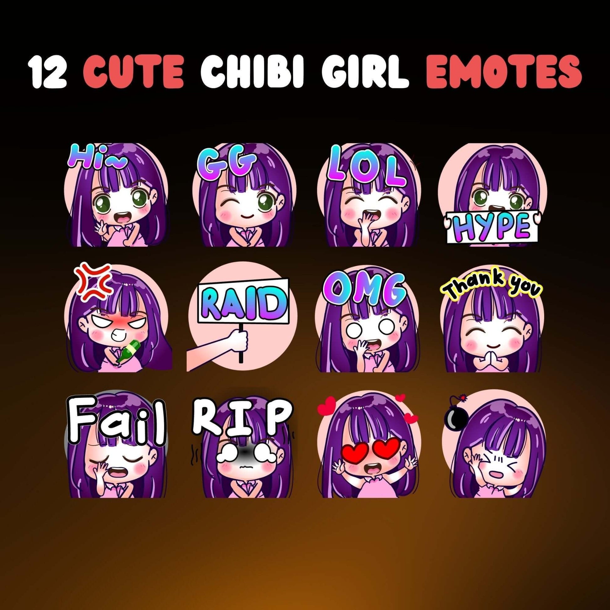 12 Cute Chibi Girl Emotes Pack - Static Emotes - Stream K-Arts