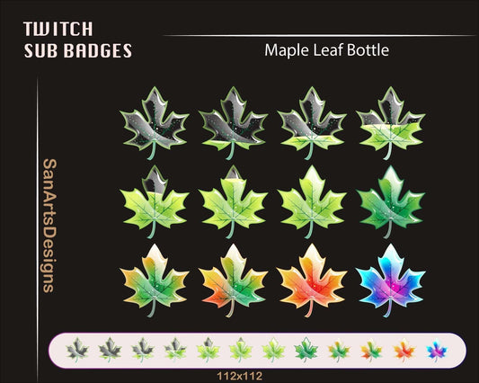 12 Green Maple Leaf Bottle Twitch Sub Badges - Badges - Stream K-Arts