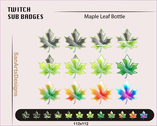 12 Green Maple Leaf Bottle Twitch Sub Badges - Badges - Stream K-Arts