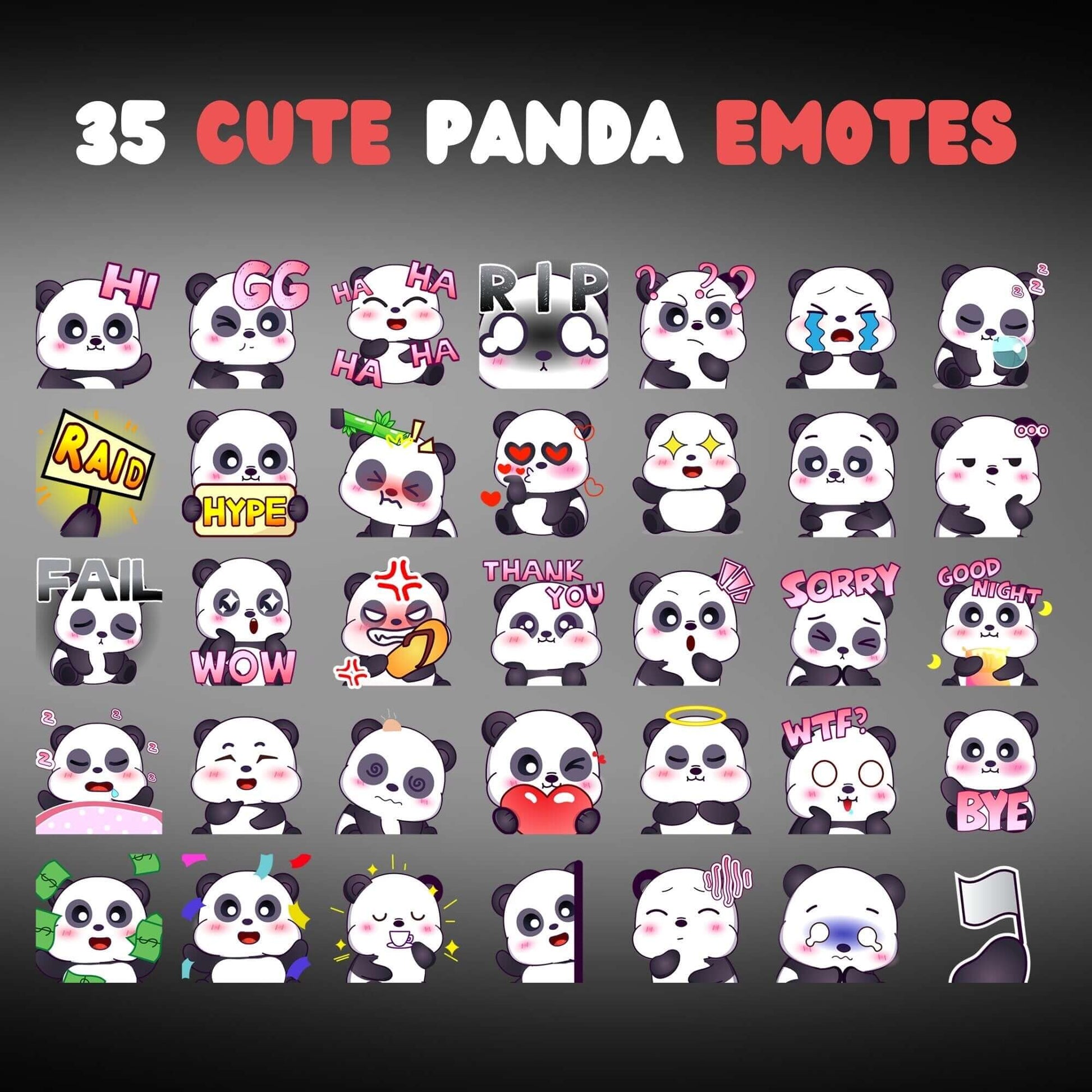 35 Cute Panda Emotes Pack - Static Emotes - Stream K-Arts