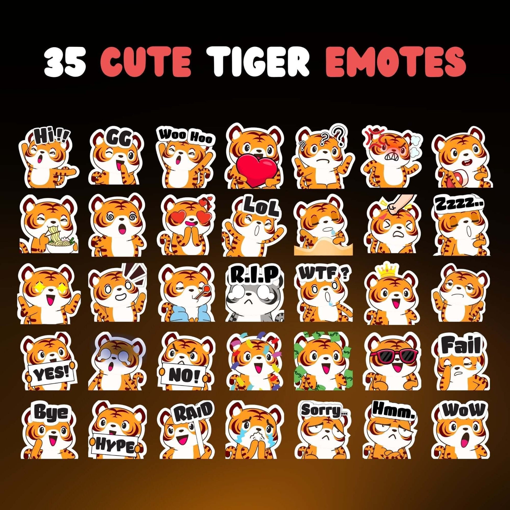 35 Cute Tiger Emotes Pack - Static Emotes - Stream K-Arts