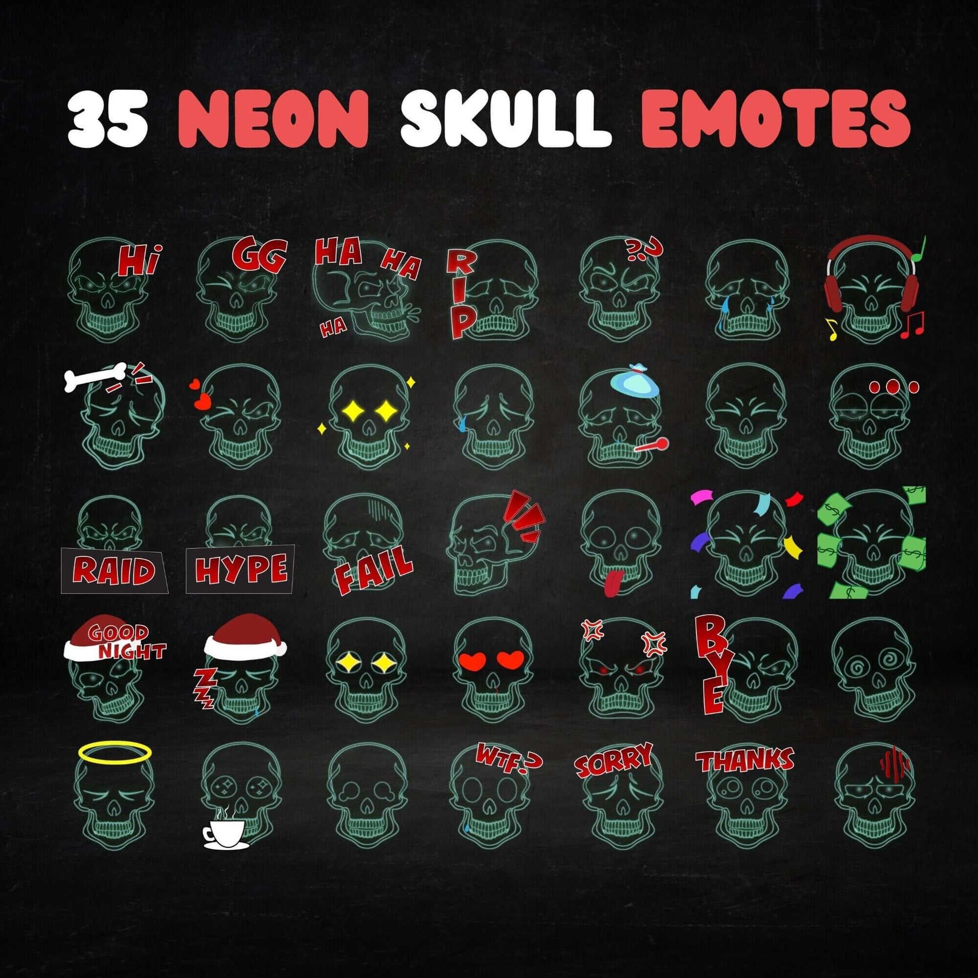 35 Neon Skull Emotes Pack for Dark Theme - Static Emotes - Stream K-Arts