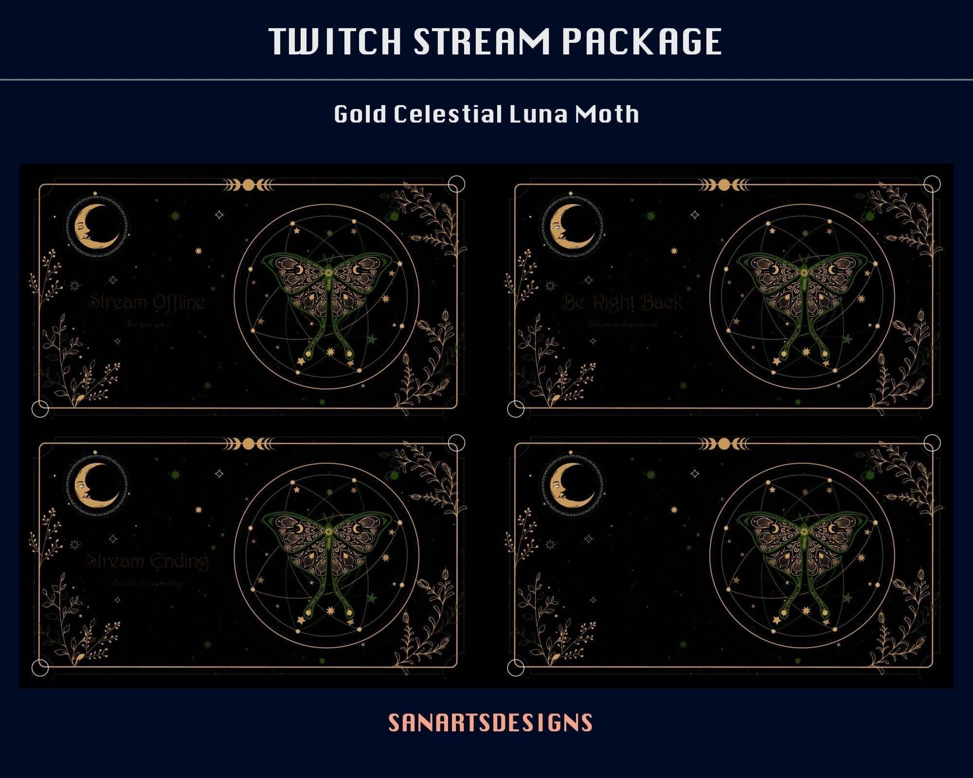 Animated Stream Package GOLD Celestial Luna Moth - Package - Stream K-Arts
