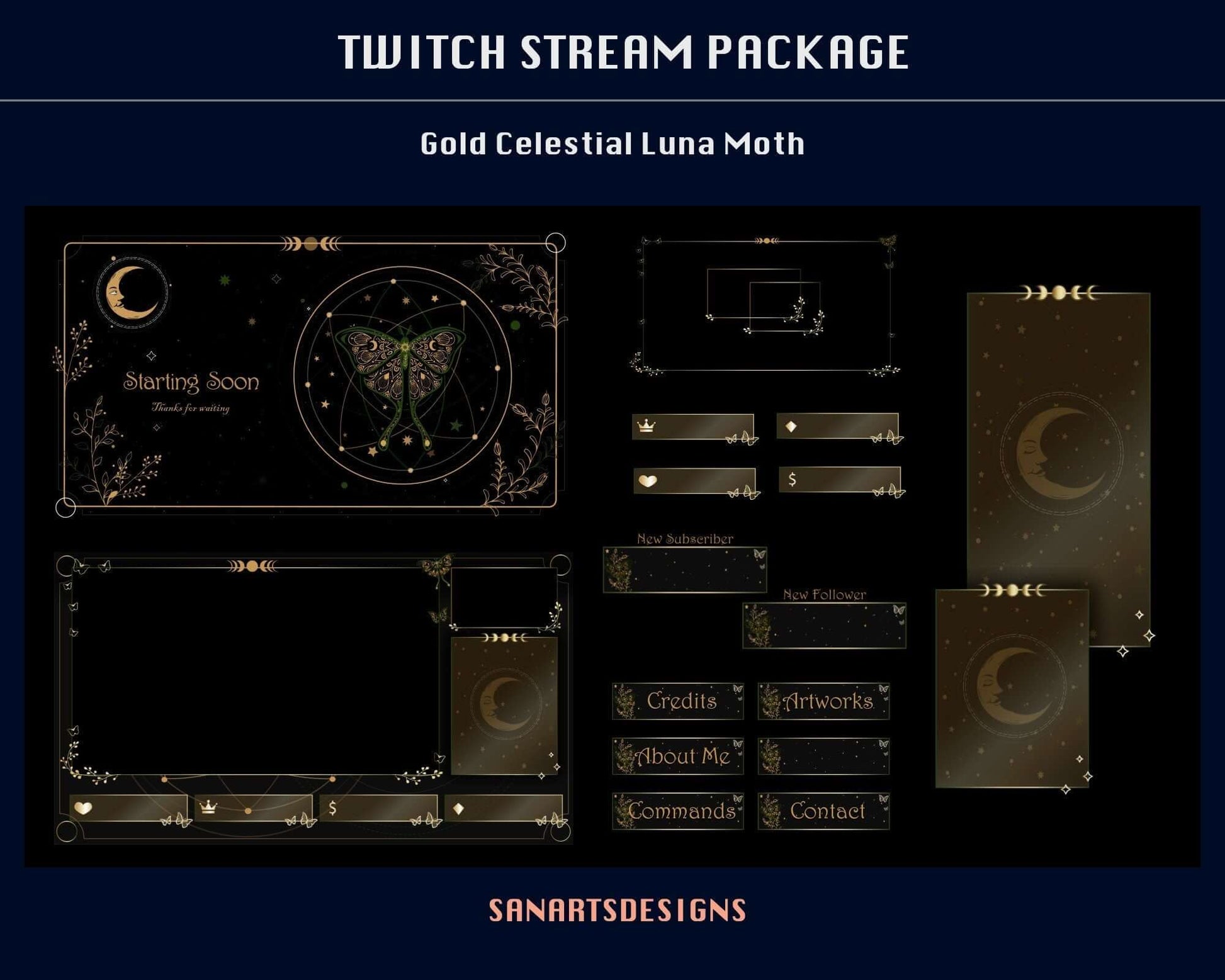 Animated Stream Package GOLD Celestial Luna Moth - Package - Stream K-Arts