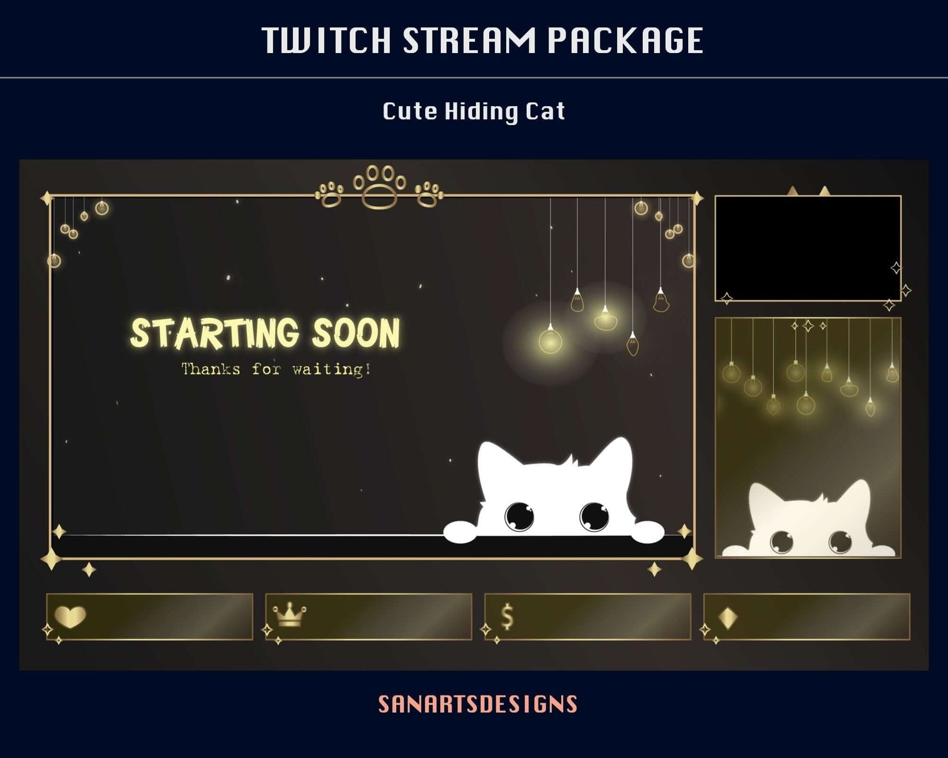 Animated Stream Package Gold Cute Hiding Cat - Package - Stream K-Arts