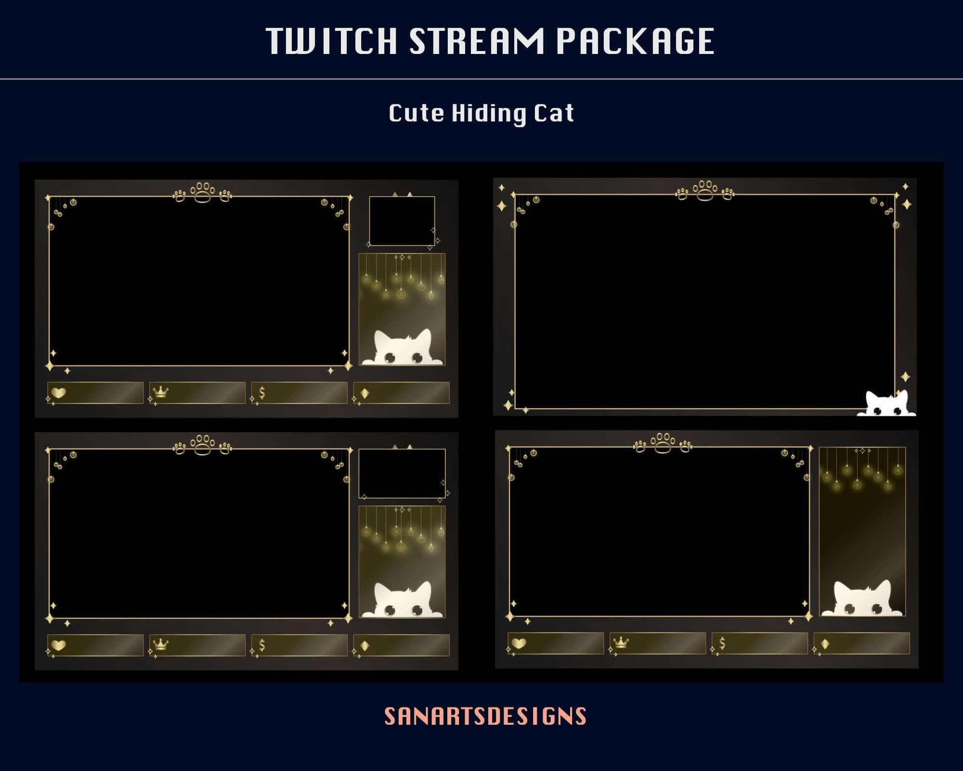 Animated Stream Package Gold Cute Hiding Cat - Package - Stream K-Arts