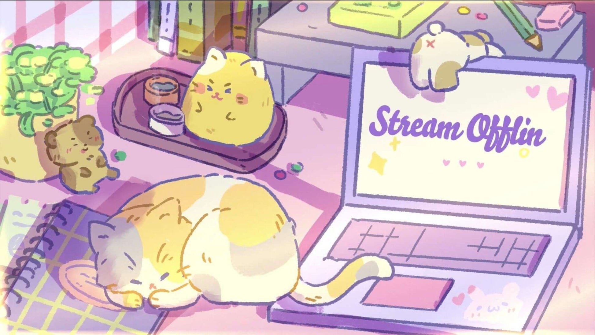 Animated Stream Screen Overlays Lofi Sleeping Cat on PC Desk - Overlay - Stream K-Arts