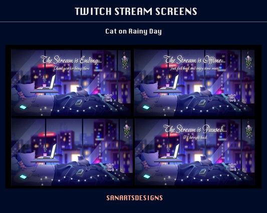 Animated Twitch Overlays Cat on Rainy Day - Overlay - Stream K-Arts