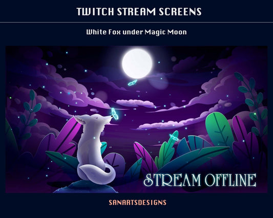 Animated Twitch Overlays Magic White Fox under Moon - Package - Stream K-Arts