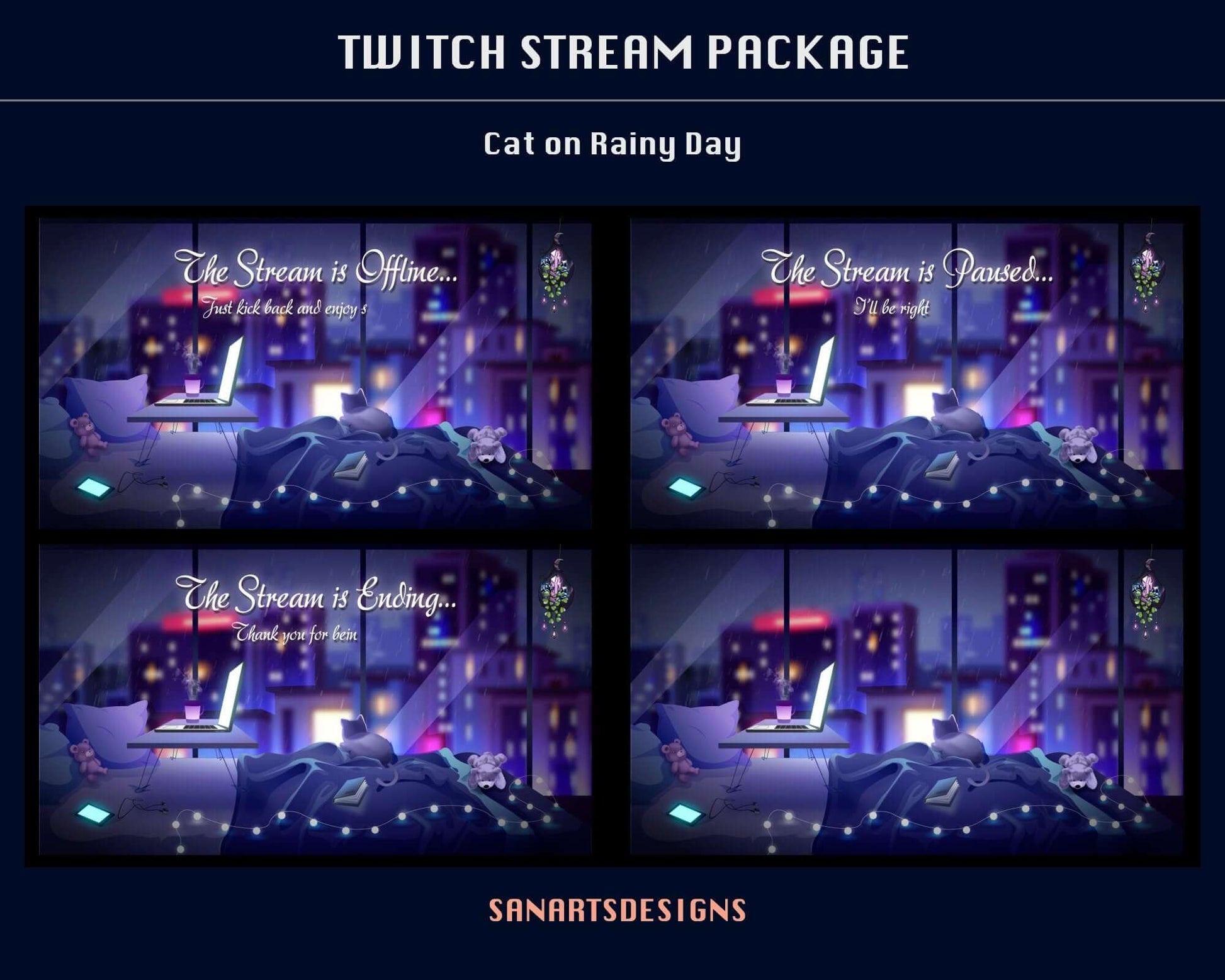 Animated Twitch Overlays Package Cat on Rainy Day - Package - Stream K-Arts
