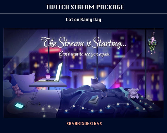 Animated Twitch Overlays Package Cat on Rainy Day - Package - Stream K-Arts