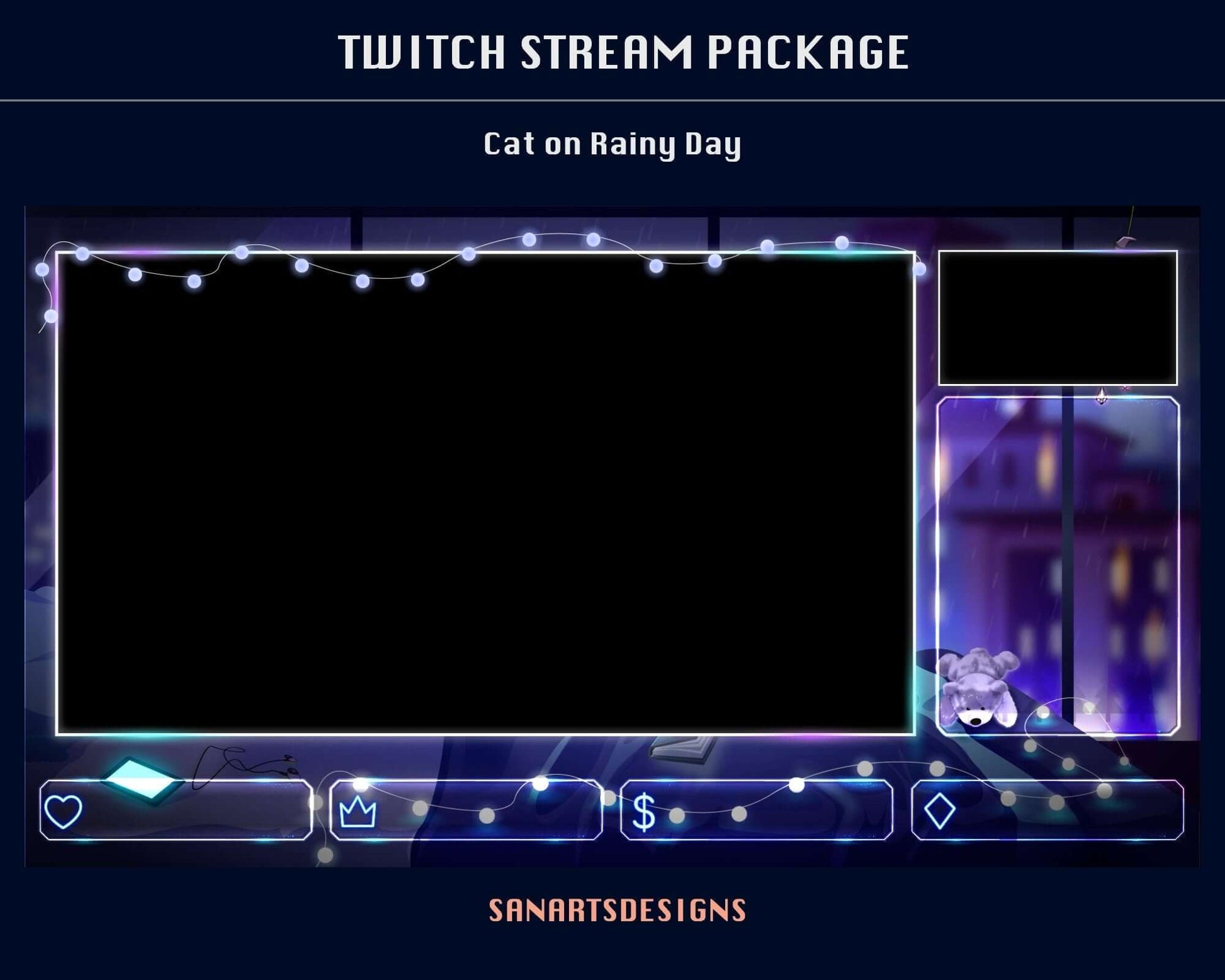 Animated Twitch Overlays Package Cat on Rainy Day - Package - Stream K-Arts