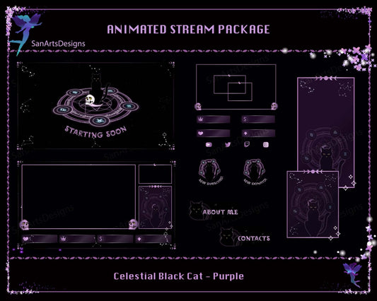 Animated Twitch Stream Overlays Package Celestial Witchy Black Cat - Package - Stream K-Arts