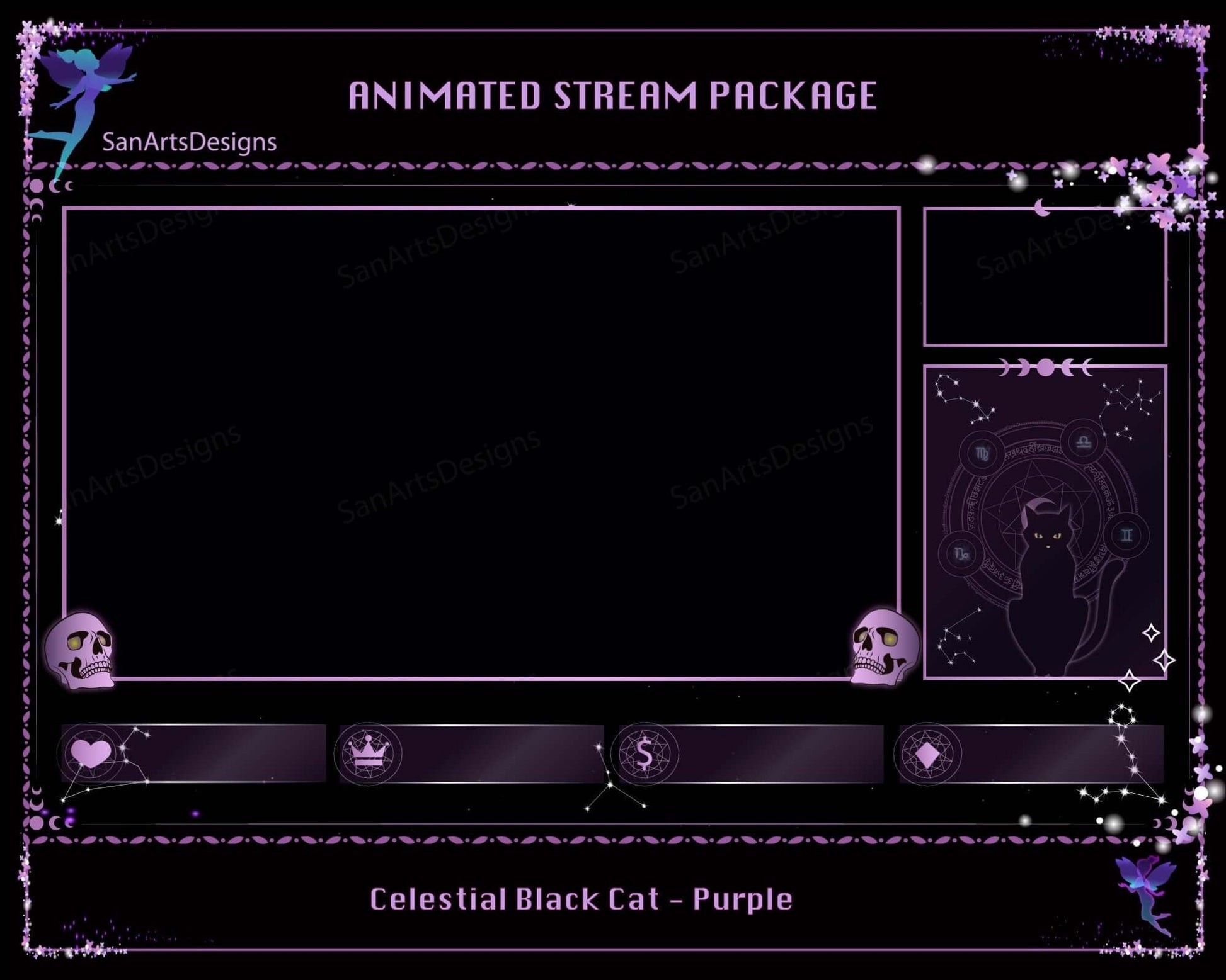 Animated Twitch Stream Overlays Package Celestial Witchy Black Cat - Package - Stream K-Arts