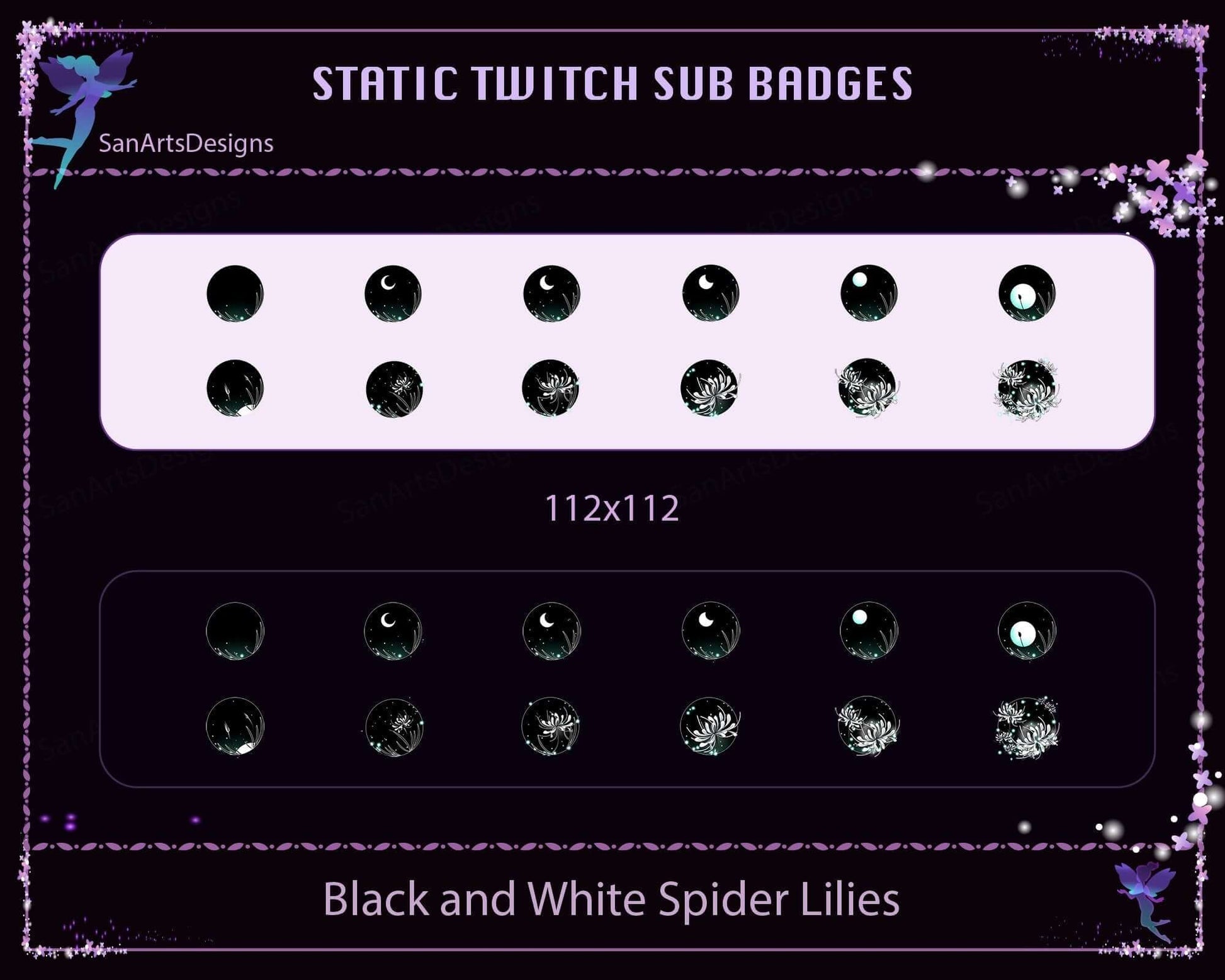 Black and White Spider Lilies Twitch Sub Badges - Badges - Stream K-Arts