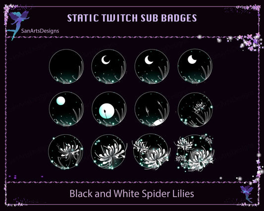 Black and White Spider Lilies Twitch Sub Badges - Badges - Stream K-Arts