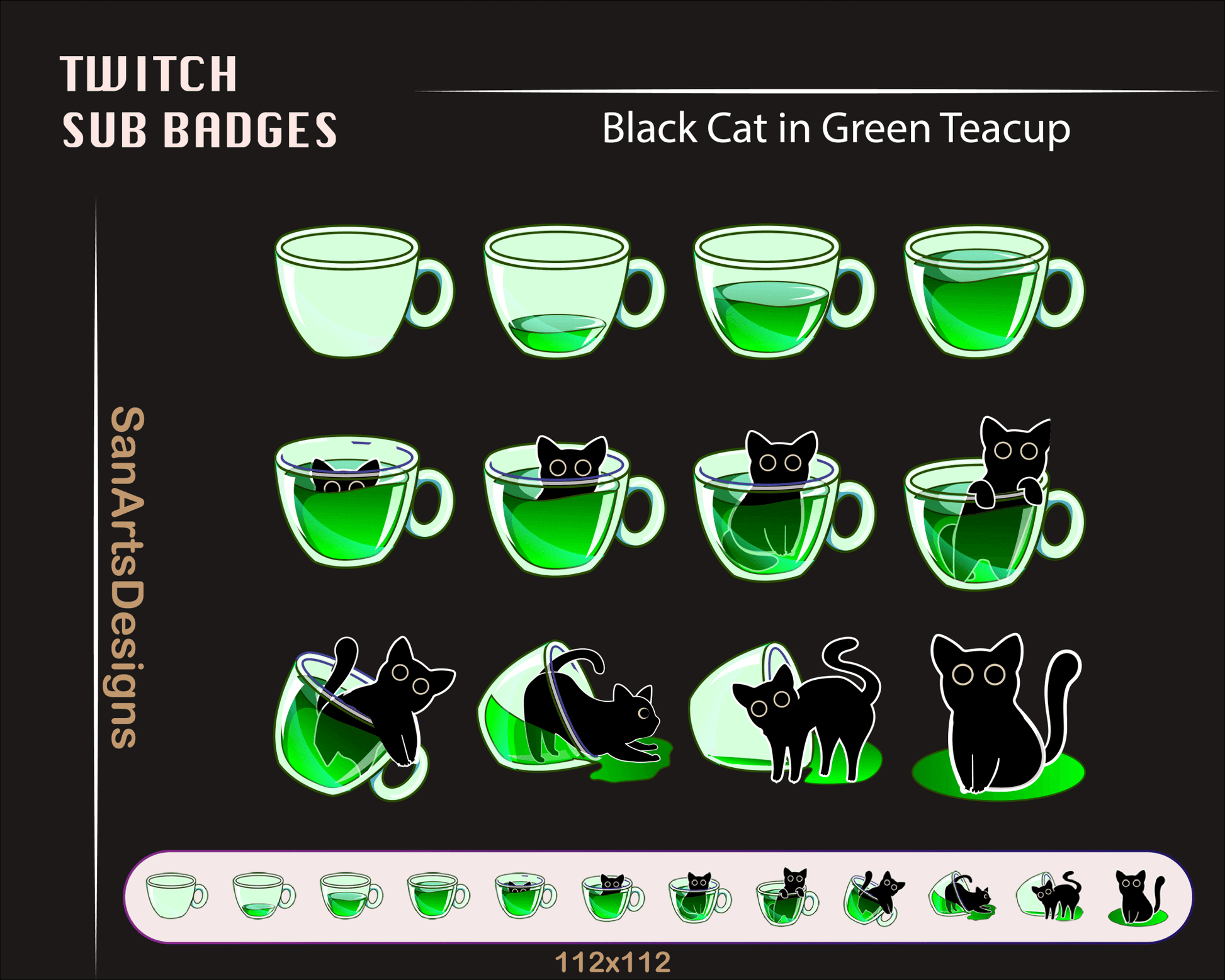 Black Cat in Teacup Twitch Sub Badges - Badges - Stream K-Arts