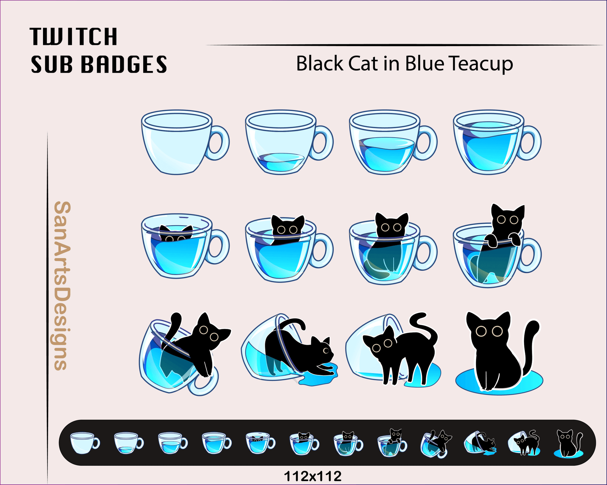 Black Cat in Teacup Twitch Sub Badges - Badges - Stream K-Arts