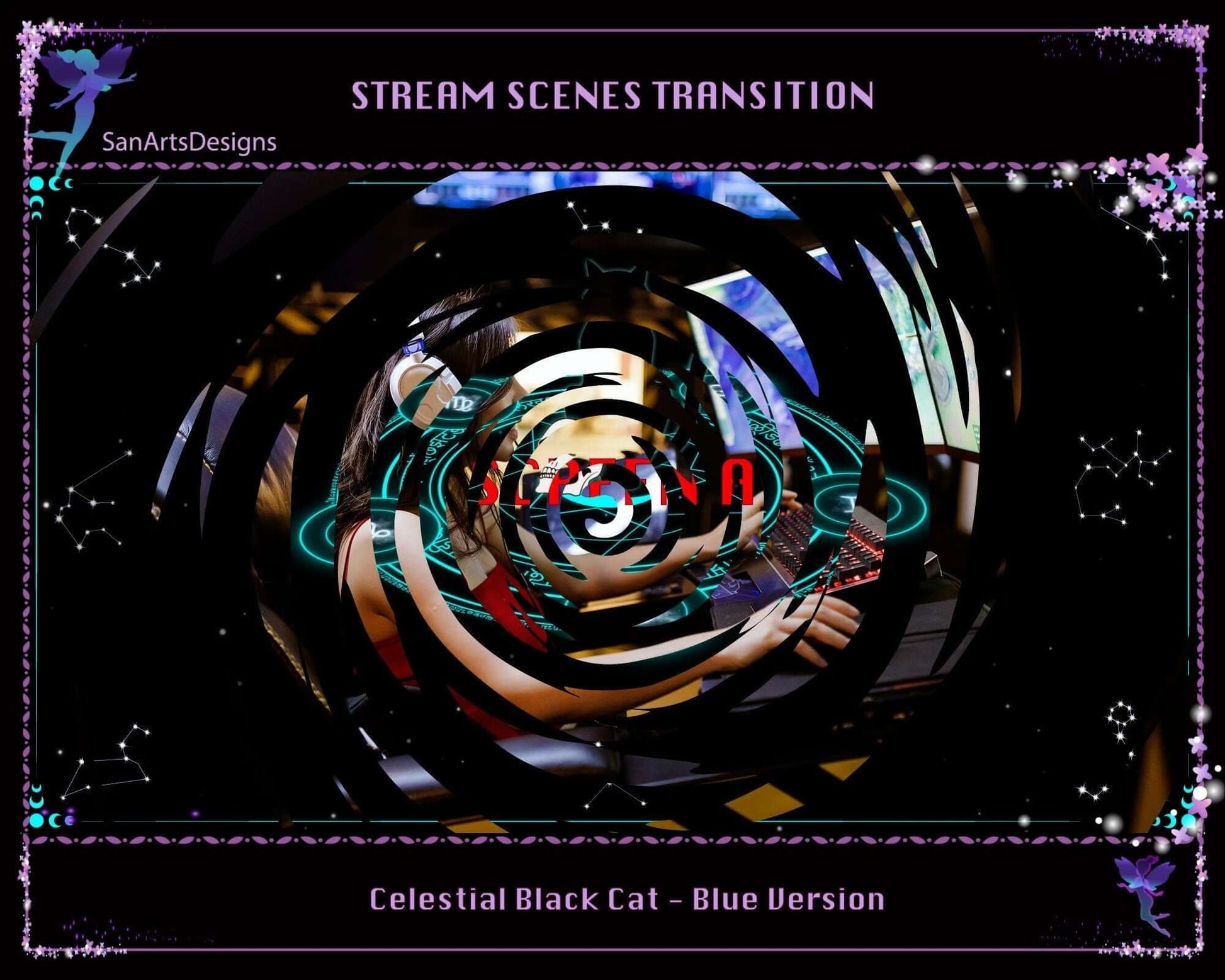 Blue Celestial Black Cat Stream Scene Transition - Transition - Stream K-Arts