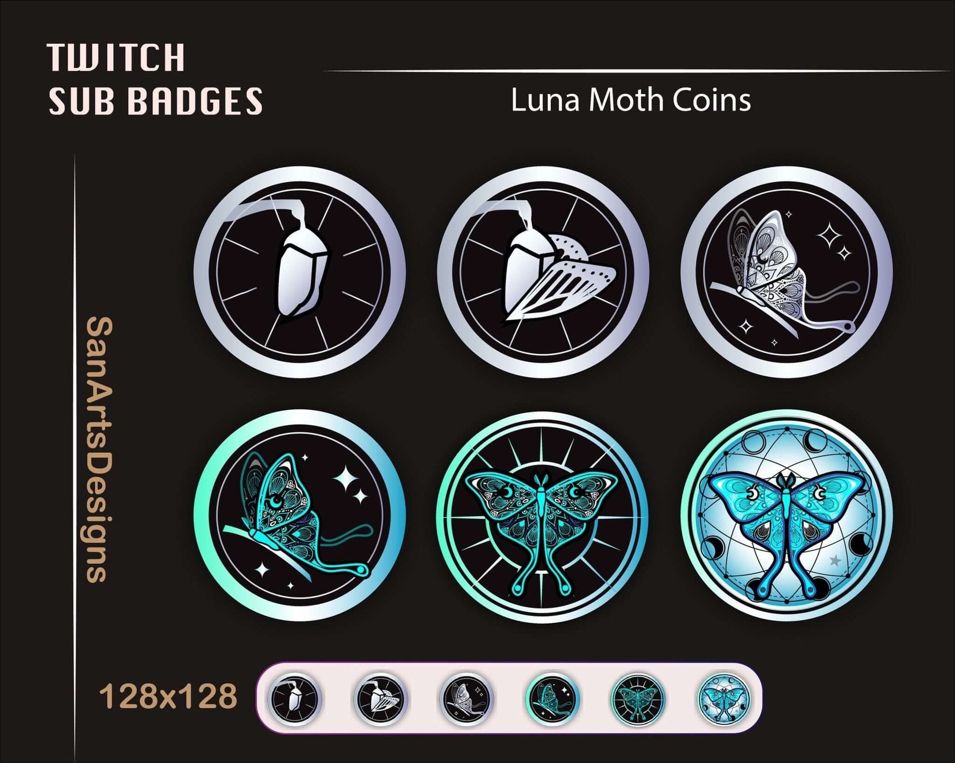 Blue Luna Moth Coin Twitch Sub Badges - Badges - Stream K-Arts