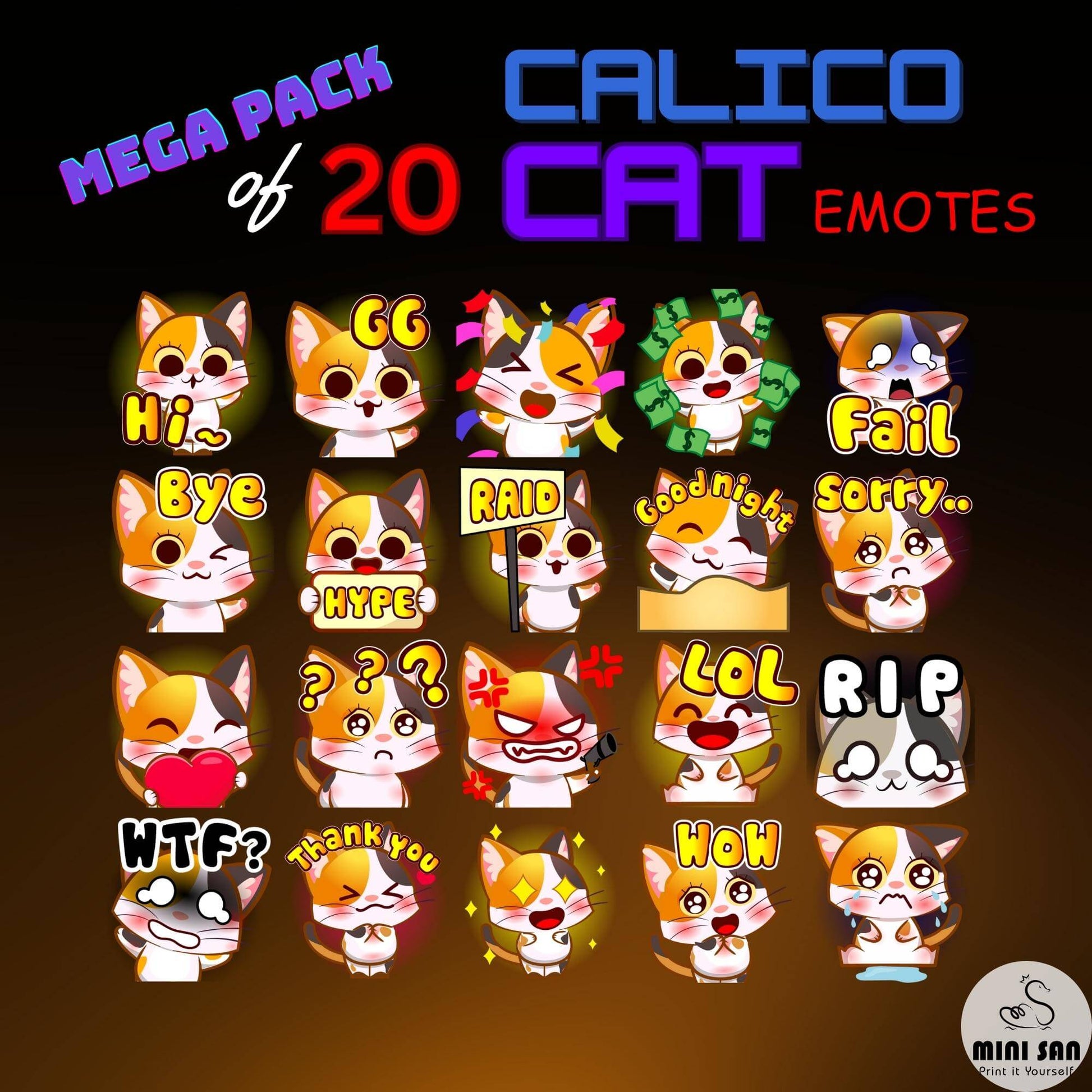 Calico Cat Emotes Pack - Static Emotes - Stream K-Arts