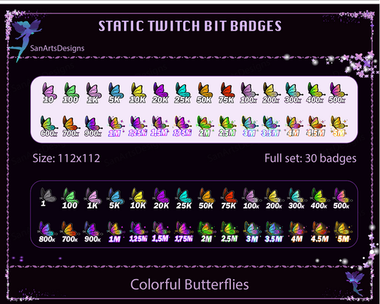 Colorful Butterfly Twitch Bit Badges - BitBadges - Stream K-Arts