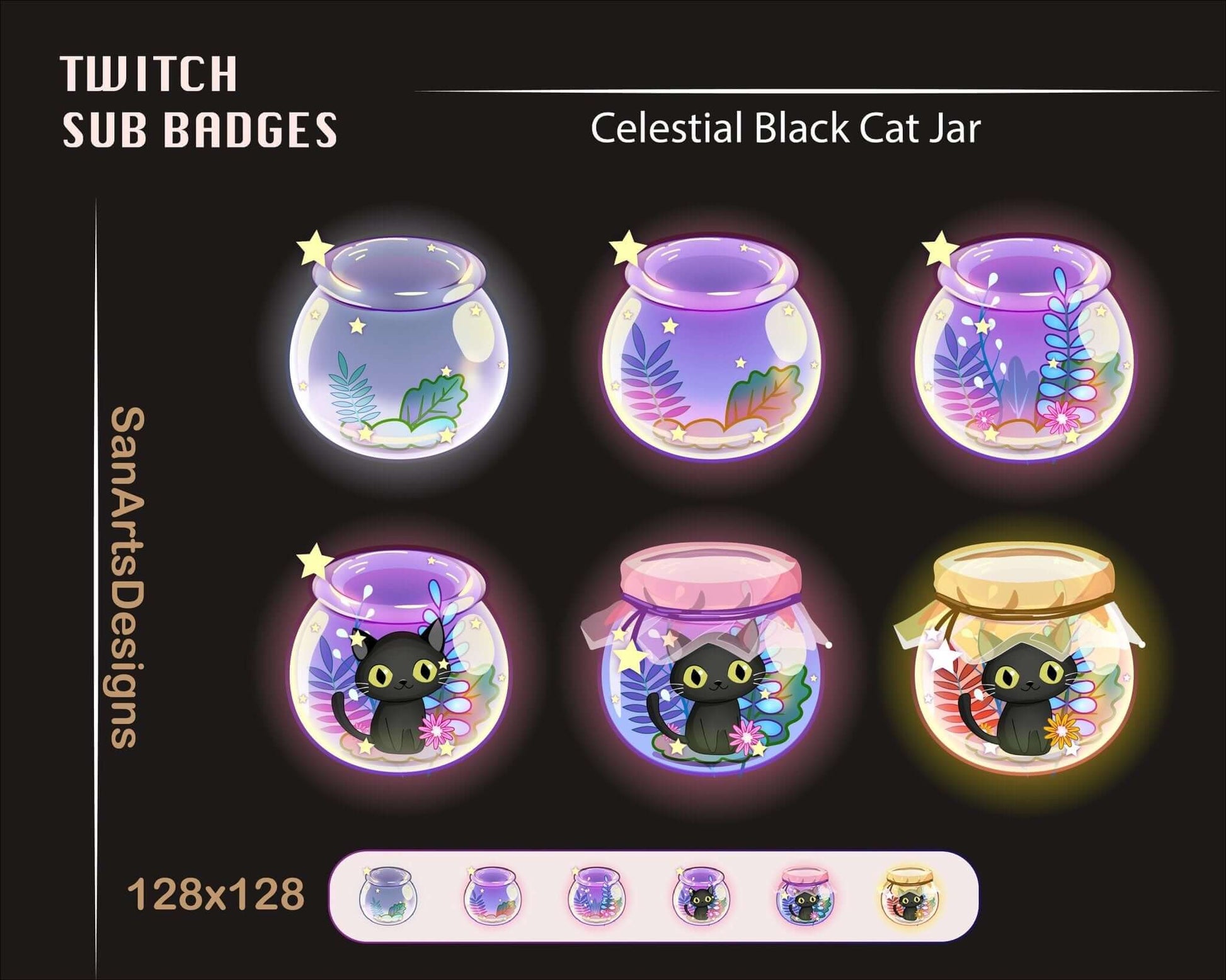 Cute Black and White Cat in Celestial Jar Twitch Sub Badges - Badges - Stream K-Arts
