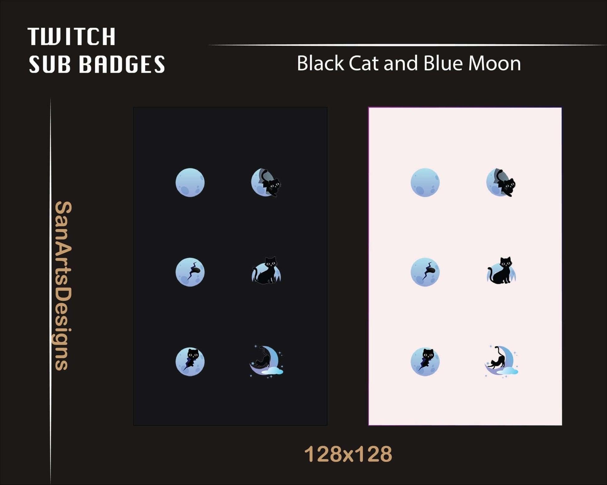 Cute Black Cat and Moon Twitch Sub Badges - Badges - Stream K-Arts
