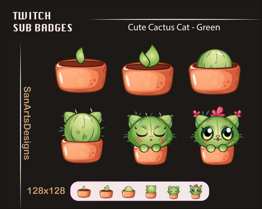 Cute Cactus Cat Twitch Sub Badges - Badges - Stream K-Arts