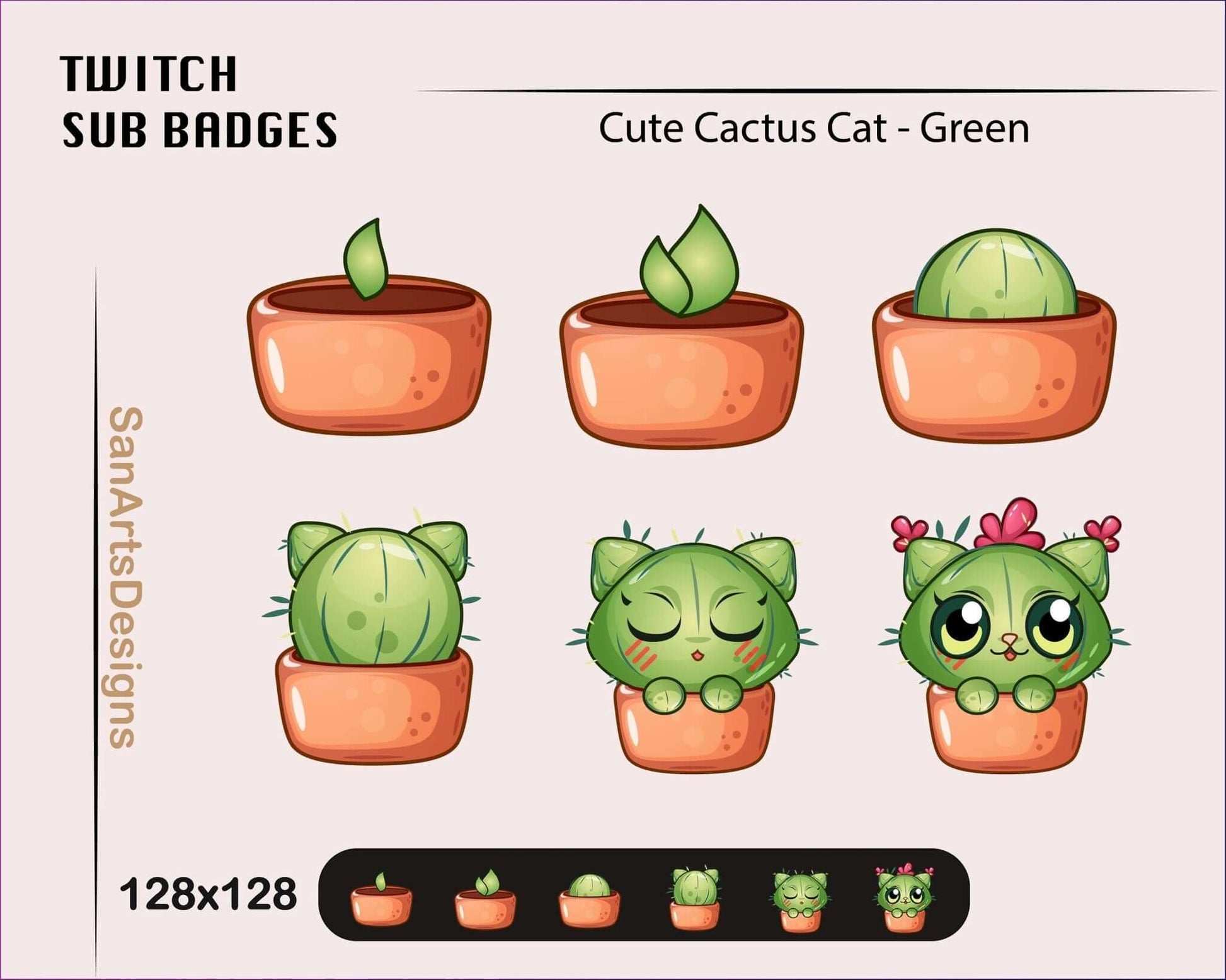 Cute Cactus Cat Twitch Sub Badges - Badges - Stream K-Arts