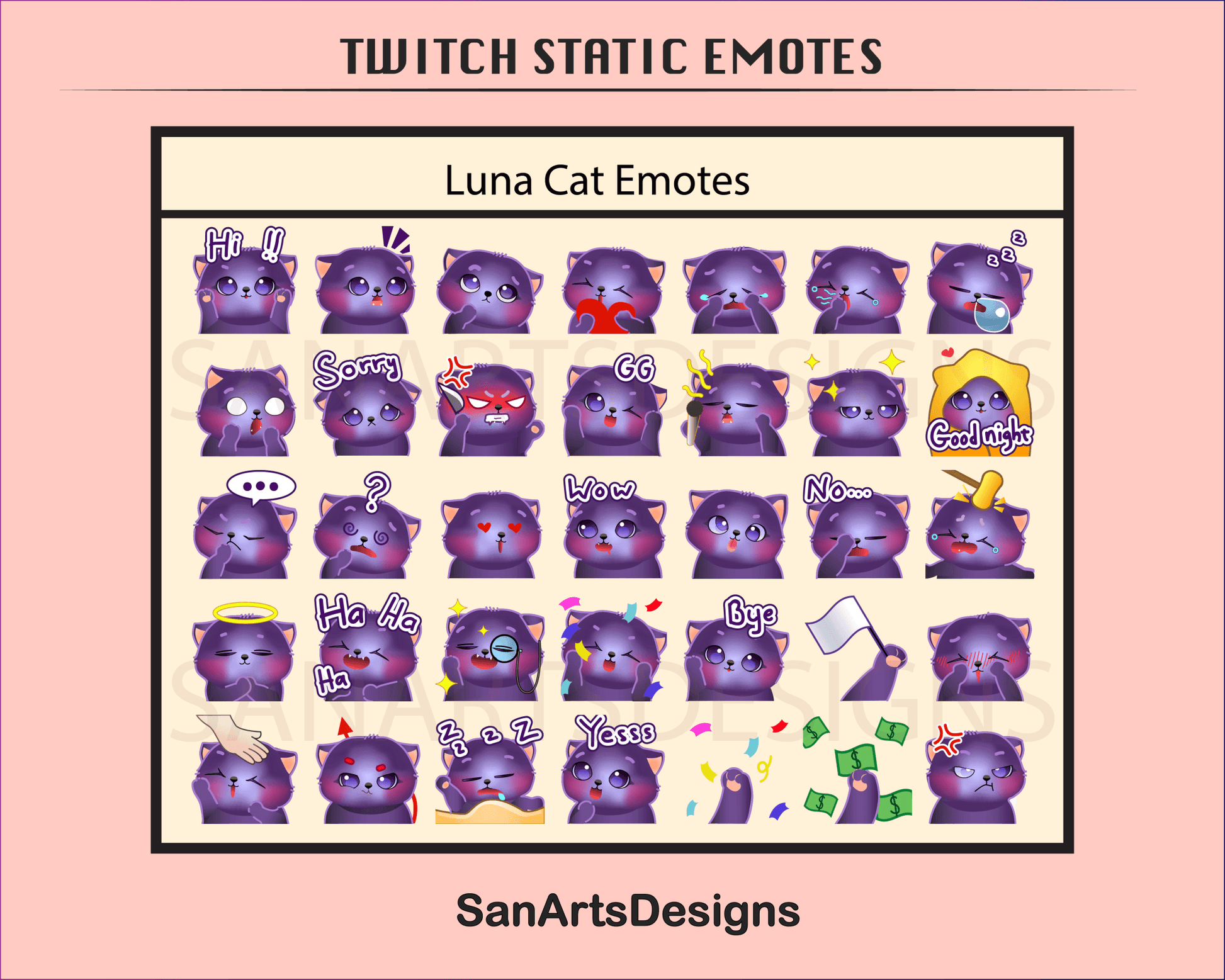 Cute Cat Twitch Emotes for Chatting - Static Emotes - Stream K-Arts
