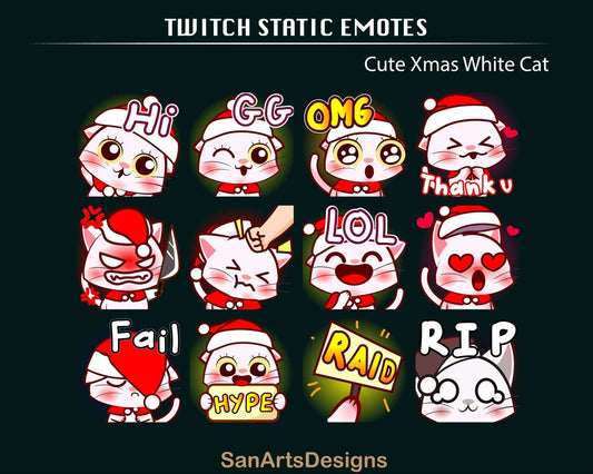 Cute Chibi Xmas White Cat Twitch Emotes - Emotes - Stream K-Arts