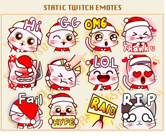 Cute Chibi Xmas White Cat Twitch Emotes - Emotes - Stream K-Arts