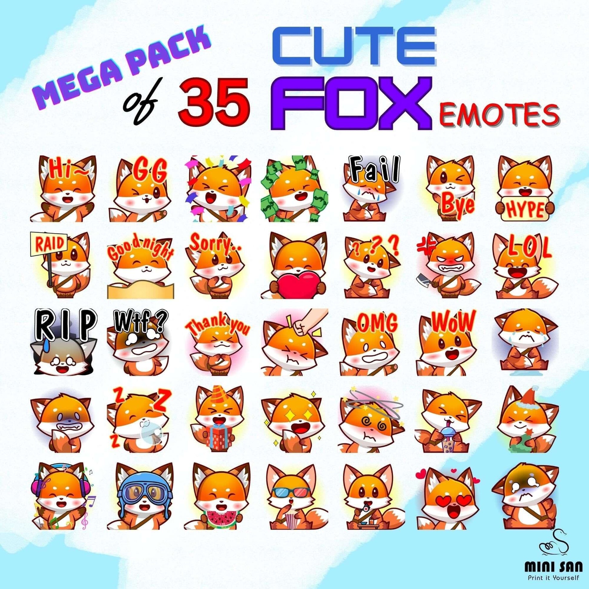 Cute Fox Emotes Pack - Static Emotes - Stream K-Arts