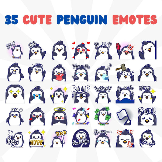 Cute Penguin Emotes Pack - Static Emotes - Stream K-Arts